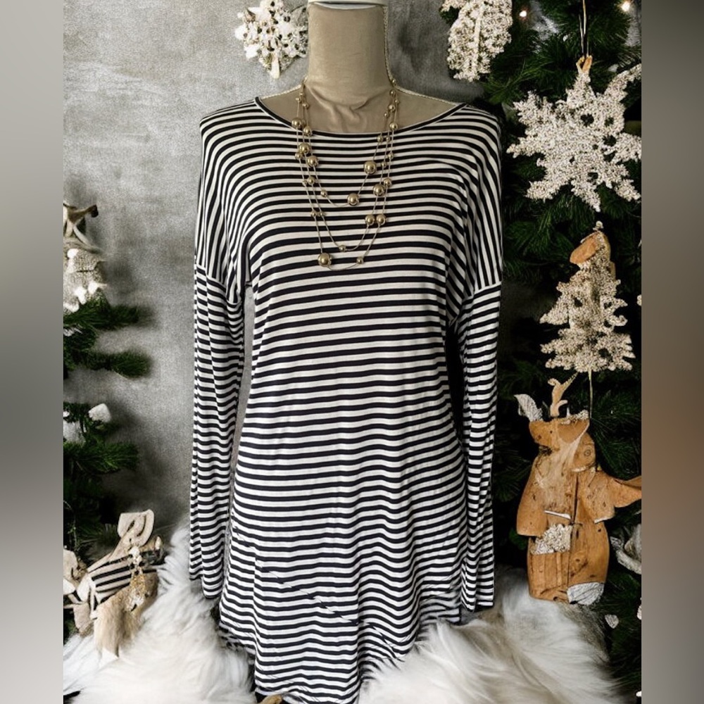 CAbi Boat Stripes Navy/White Nautical Asymmetrical Long Sleeve Tee